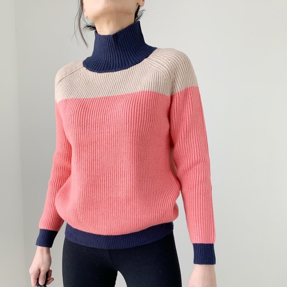 CHUNKY KNIT COLOR BLOCK HIGH NECK SWEATER PULLOVER - Picture 1 of 6
